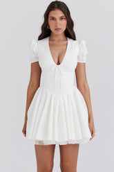Imani White Pleated Cotton Mini Dress