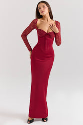 Perdi Berry Satin Maxi Dress with Corset
