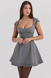 Cheri French Grey Fitted Mini Dress with Voluminous Skirt - SALE