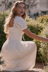 Lulabell White Stretch Cotton Puff Sleeve Midi Dress