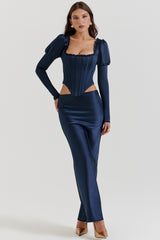 Charlene Navy Satin Bias Cut Maxi Skirt