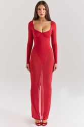 Everly Holly Red Mesh Maxi Dress with Bodysuit