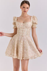 Melita Cream Floral Print Chiffon Puff Sleeve Mini Dress