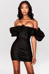 Selena Black Satin Puff Shoulder Dress