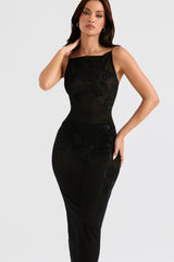 Amirah Black Mesh Crystal Embellished Midi Dress
