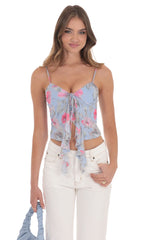 Mesh Floral Front Tassel Top in Blue