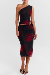 Mistress Rocks Black Rose Print Lace Up Midi Skirt - SALE
