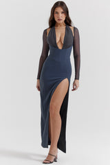 Evangelina Slate Plunge Maxi Dress