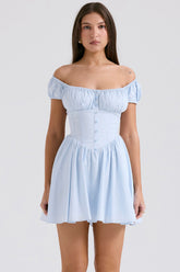 Nala Soft Blue Cotton Gathered Mini Dress