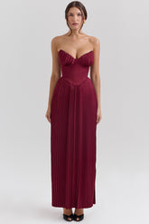 Marcella Berry Pleated Satin Maxi Dress