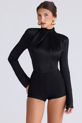 Neneh Black Satin High Neck Long Sleeve Bodysuit