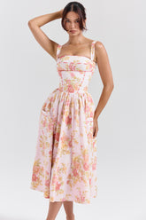 Vivien Peach Poppy Print Cotton Midi Sundress
