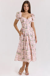 Lulabell Pink Ribbon Print Cotton Midi Dress