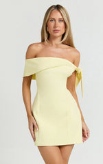 Cecilia Mini Dress Off Shoulder Tie Detail Dress in Lemon