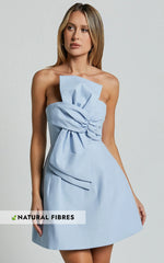 Chika Mini Dress Linen Strapless Front Bow Dress in Pale Blue