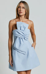 Chika Mini Dress Linen Strapless Front Bow Dress in Pale Blue