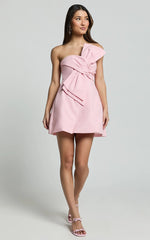 Chika Mini Dress Linen Strapless Front Bow Dress in Soft Pink