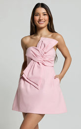 Chika Mini Dress Linen Strapless Front Bow Dress in Soft Pink