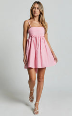 Clover Mini Dress Back Bow Babydoll Dress in Pink