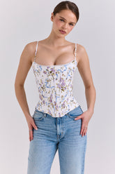 Cadie White Floral Ribbon Print Cotton Corset Top