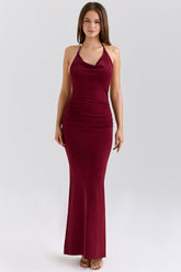 Thalina Wine Draped Halter Neck Maxi Dress