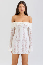 Sadie Vintage Cream Floral Lace Off Shoulder Mini Dress