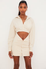 Julietta Beige Linen Cutout Shirt Dress