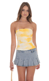 Mesh Floral Ruched Tube Top in Yellow