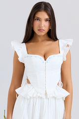 Lilibet White Embroidered Cotton Peplum Corset Top