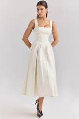 Isabeau Ivory Textured Satin Corset Midi Dress
