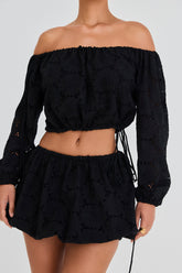 Mistress Rocks Black Broderie Cotton Off Shoulder Top - SALE