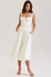 Chiarina White Cotton Button Front Midi Dress
