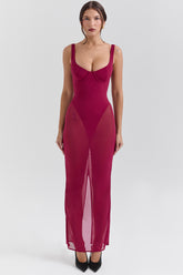 Robina Wine Stretch Mesh Maxi Dress
