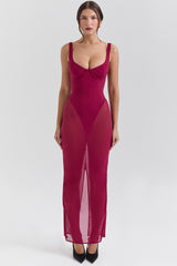 Robina Wine Stretch Mesh Maxi Dress