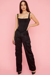 Daria Black Satin Straight Leg Cargo Trousers