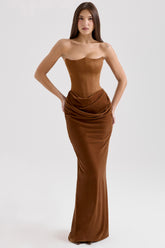 Persephone Coffee Velvet Strapless Corset Maxi Dress
