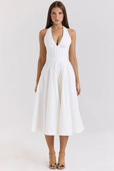 Allena White Stretch Cotton Halter Midi Sundress