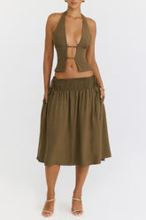 Mistress Rocks Olive Shirred Waist Midi Skirt - SALE
