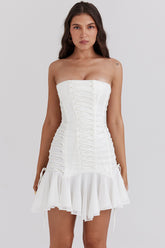 Sirena White Strapless Lace Up Mini Dress