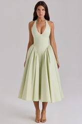Marilyn Pistachio Cotton Halter Midi Sundress