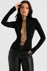 Lori Black Crystallised Lace Up Top