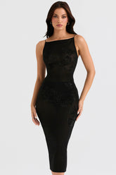 Amirah Black Mesh Crystal Embellished Midi Dress