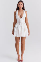Sarita White Cotton Broderie Anglais Plunge Mini Dress