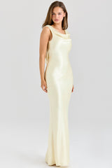 Safaira Buttermilk Satin Draped Cowl Neck Maxi Dress