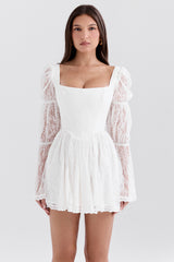 Sancia White Lace Puff Sleeve Mini Dress