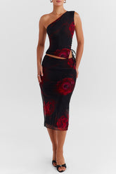 Mistress Rocks Black Rose Print Lace Up Midi Skirt - SALE