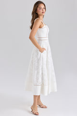 Ava White Stretch Cotton Broderie Anglaise Midi Dress