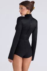 Neneh Black Satin High Neck Long Sleeve Bodysuit