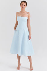 Dolly Soft Blue Stretch Cotton A-Line Midi Sundress