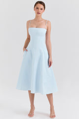 Dolly Soft Blue Stretch Cotton A-Line Midi Sundress